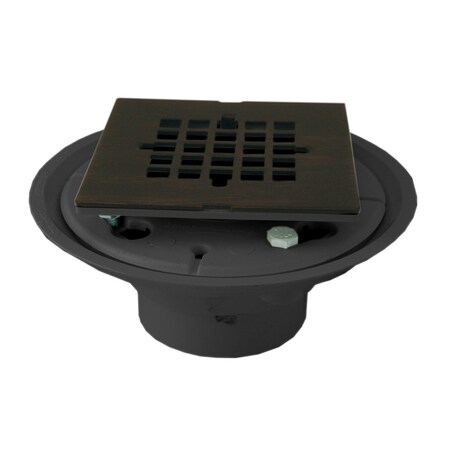 Jones Stephens 2in. x 3in. PVC Shower Drain with 2in. PVC Spud and 4in. Square Old World Bronze Snap-In Strainer D5088WB